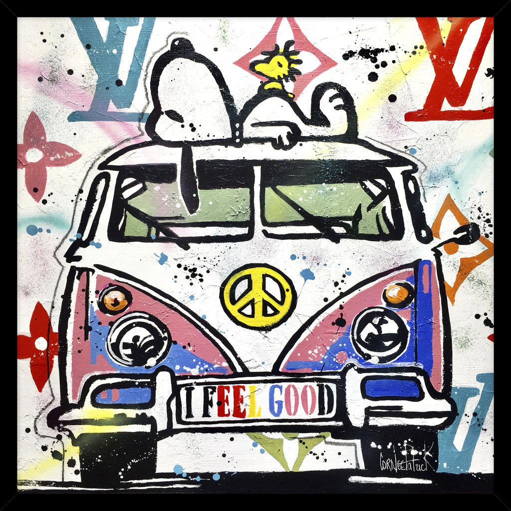 Artko AK11754 Good Trip Picture - Dog and bird animated characters sitting on top of a peace sign campervan with registration plate saying "I feel good", hippie art symbols and colours