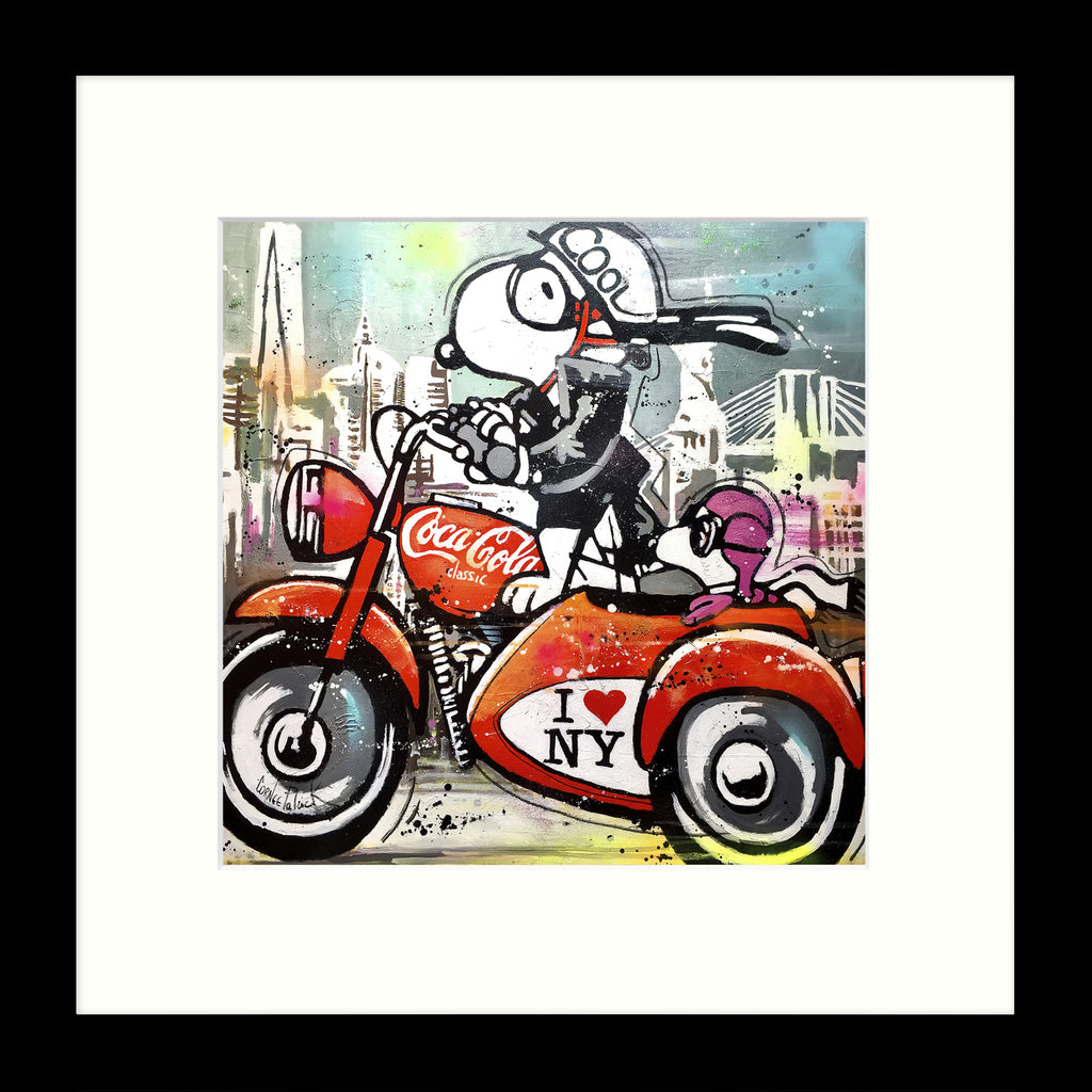 Artko AK11786 I Love NY Picture - picture of snoopy riding a motorcycle branded with cola and I love New York in a city landscape, colourful cartoon graphic art style