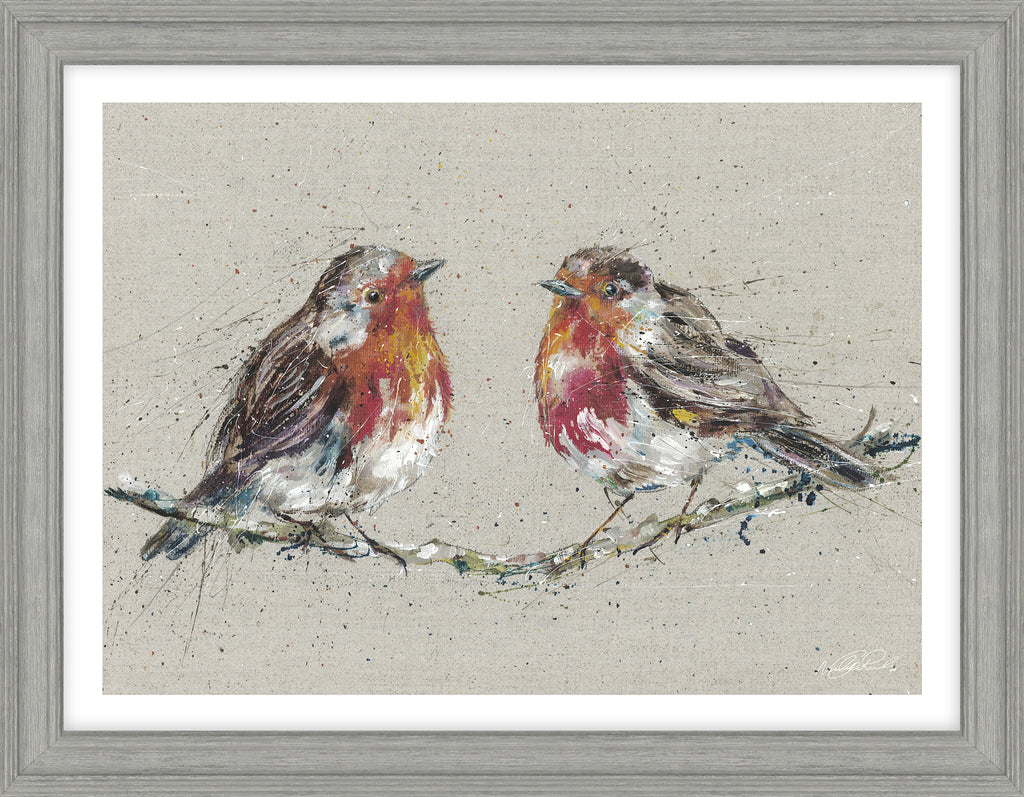 Artko AK11877 Morning Gossip Picture - two red robin birds sitting on twigs facing each other