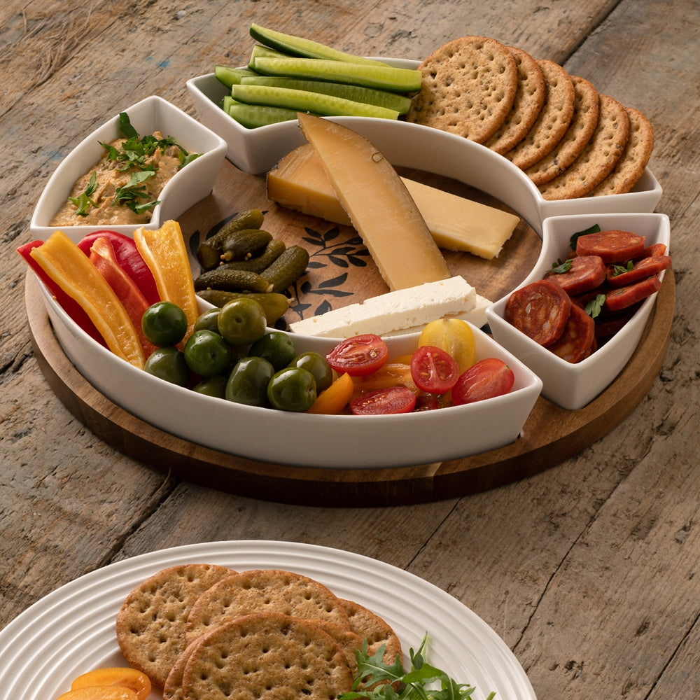 Belleek Graze Serving Board with crackers, olives, tomatoes, cheese & cucumber