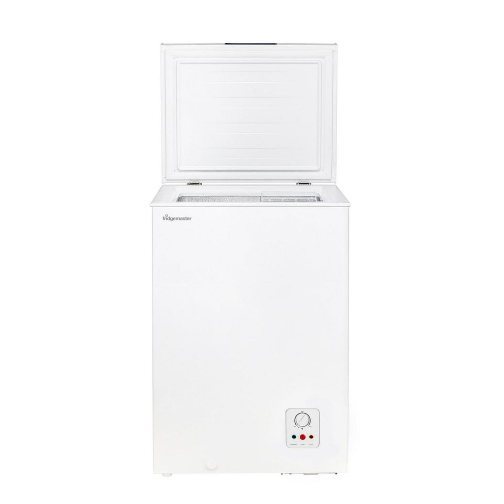 Fridgemaster MCF96E Chest Freezer 96 Litres - White - front view of appliance with top door hatch open