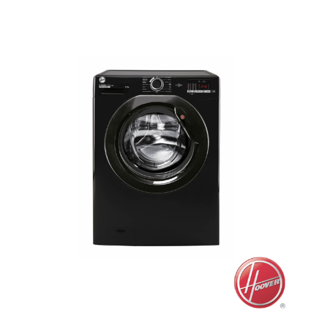 Hoover H3W582DBBE Freestanding 8Kg Washing Machine 1500 Spin - Black - washing machine front with Hoover logo