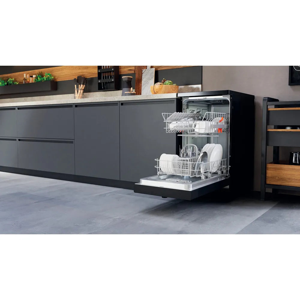 Hotpoint HSFE1B19BUKN Black Slimline Dishwasher - home setting with dishwasher door opened