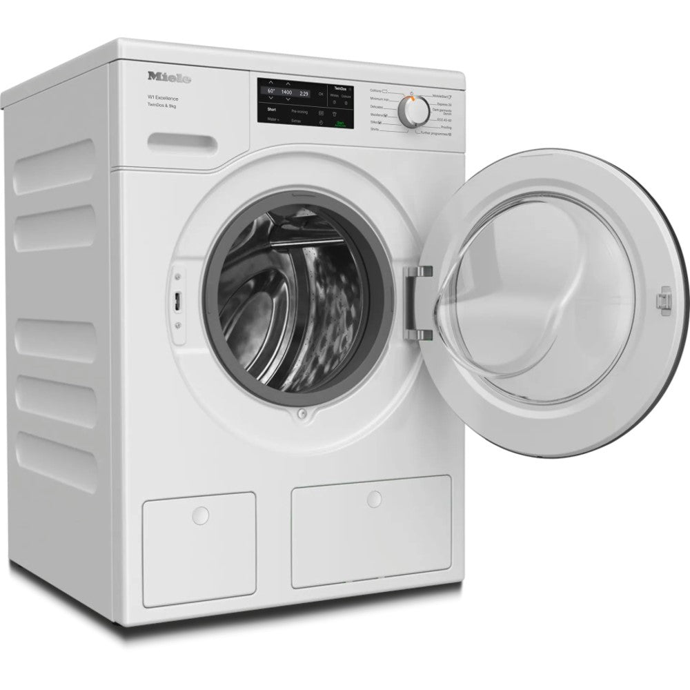 Miele WEG665WCS Twin Dos 9kg Washing Machine - Lotus White - front view of appliance at an angle with appliance door fully open