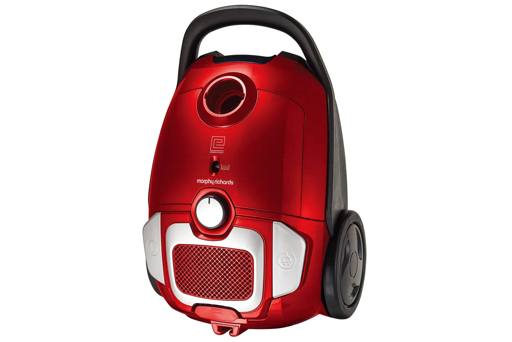 Morphy Richard 980565 Bagged Compact Cylinder Vacuum Cleaner - view of vacuum cleaner from the front in an upright position with all the dials and controls visible and hose removed from socket