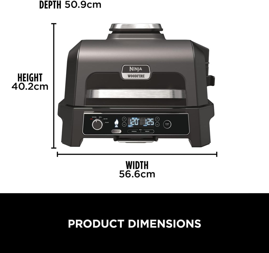 Ninja OG850UK Woodfire Pro XL Electric BBQ Grill & Smoker - product dimensions: 56.6cm width, 50.9cm depth, 40.2cm height