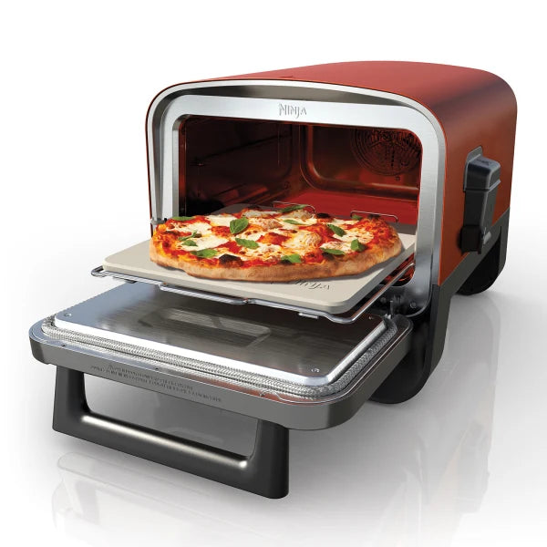 Ninja OO101 Outdoor Oven - front of ninja appliance with door open and pizza pictured inside on pizza stone tray