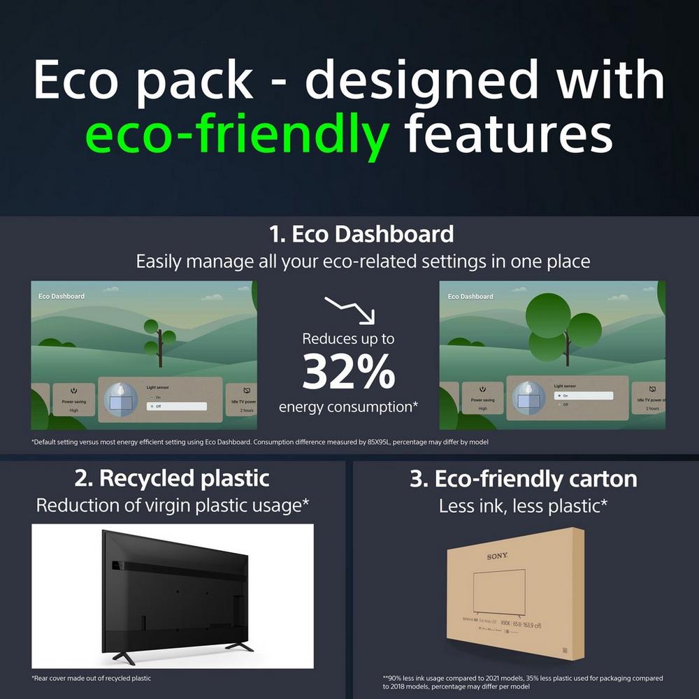 Sony KD43X75WL 43" 4K LED Smart TV - Eco pack - designed with eco-friendly features: 1. Eco dashboard - Easily manage all your eco-related settings in one place reducing up to 32% energy consumption 2. Recycled plastic - reduction of virgin plastic usage 3. Eco-friendly carton - Less ink, less plastic