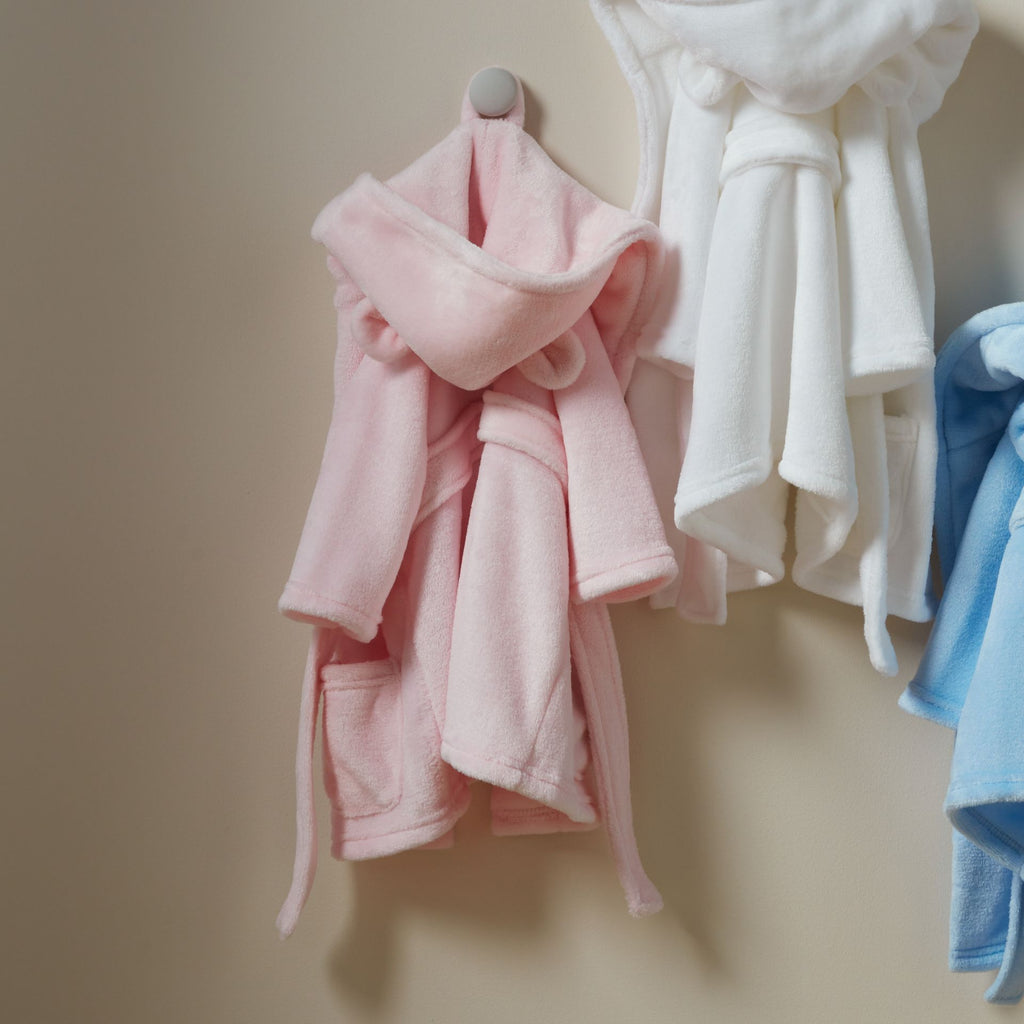 CG1682P Bambino Babys Dressing Gown Pink 3-6 Months - pink dressing gown close-up pictured hanging beside all 3 available colours