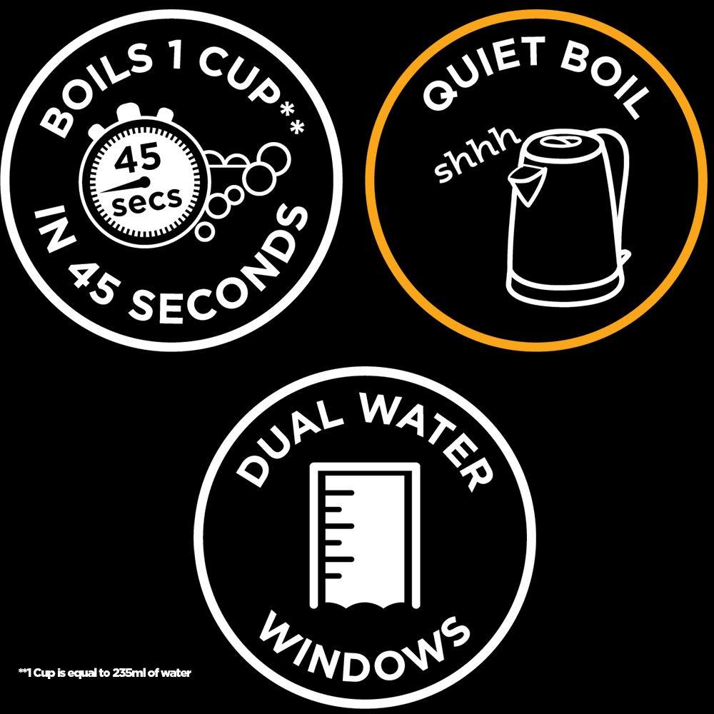 Boils 1 cup in 45 seconds, Quiet boil, Dual water windows