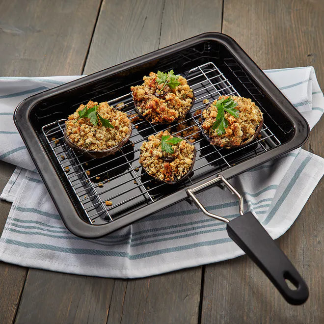 Grill Tray With Handle with food prepared