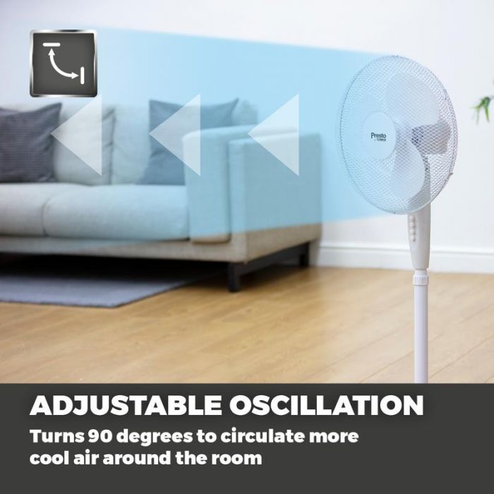 Adjustable oscillation, turns 90 degrees to circulate more cool air around the room