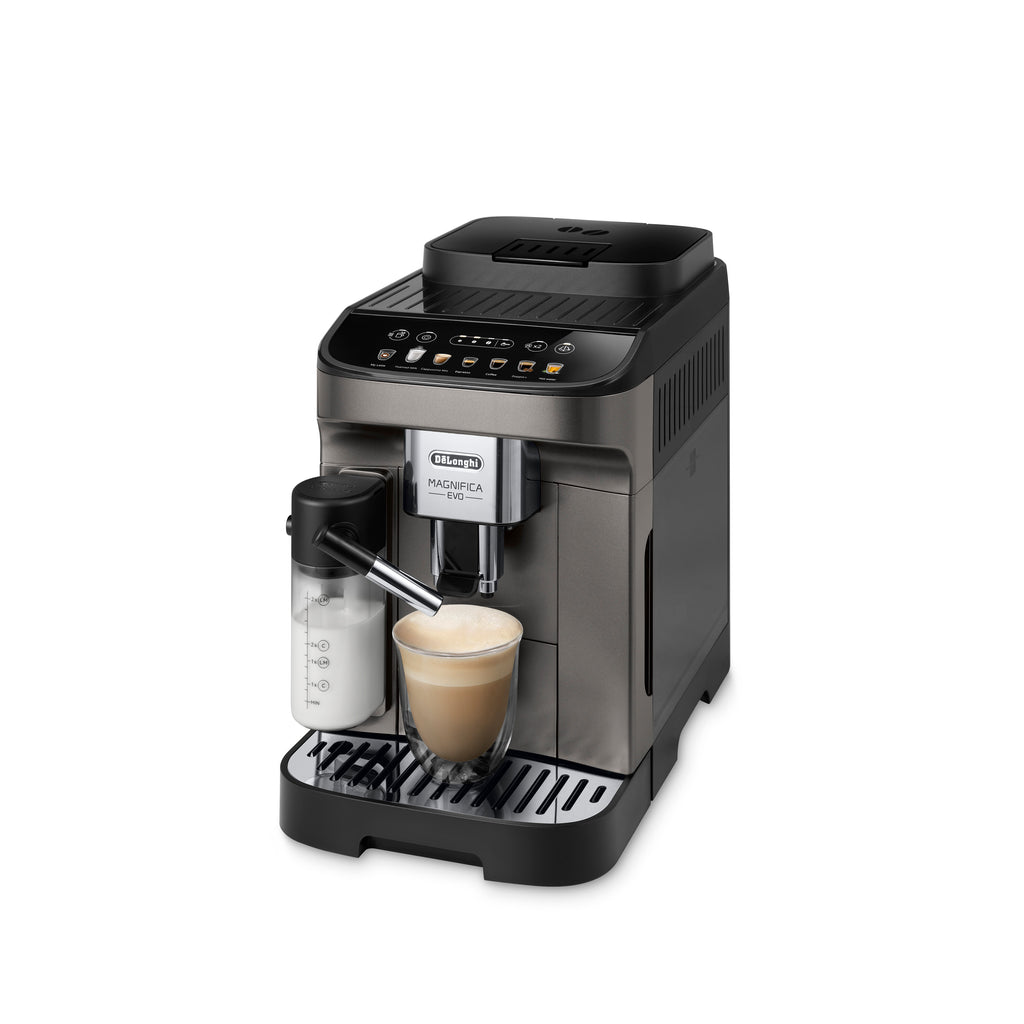 De'Longhi Magnifica Evo coffee machine  with coffee cup and milk frother