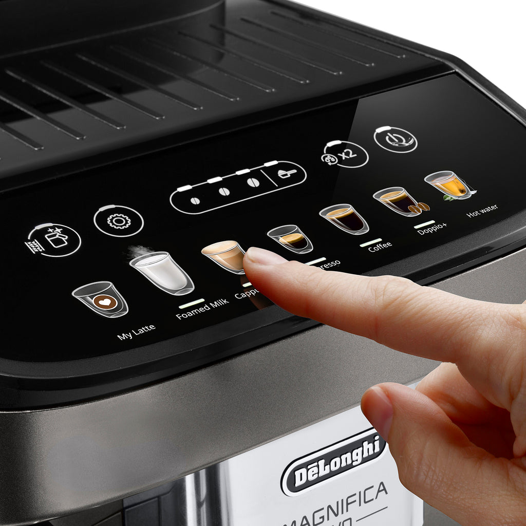 Hand touching coffee machine buttons