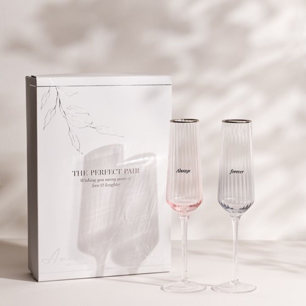 AM220 Amore Always & Forever Flute Glasses Set Of 2 - two glasses and box pictured at an angle