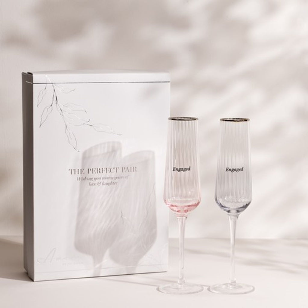 AM221 Amore Engaged Flute Glasses Set Of 2 - 2 glasses pictured with the gift box at an angle