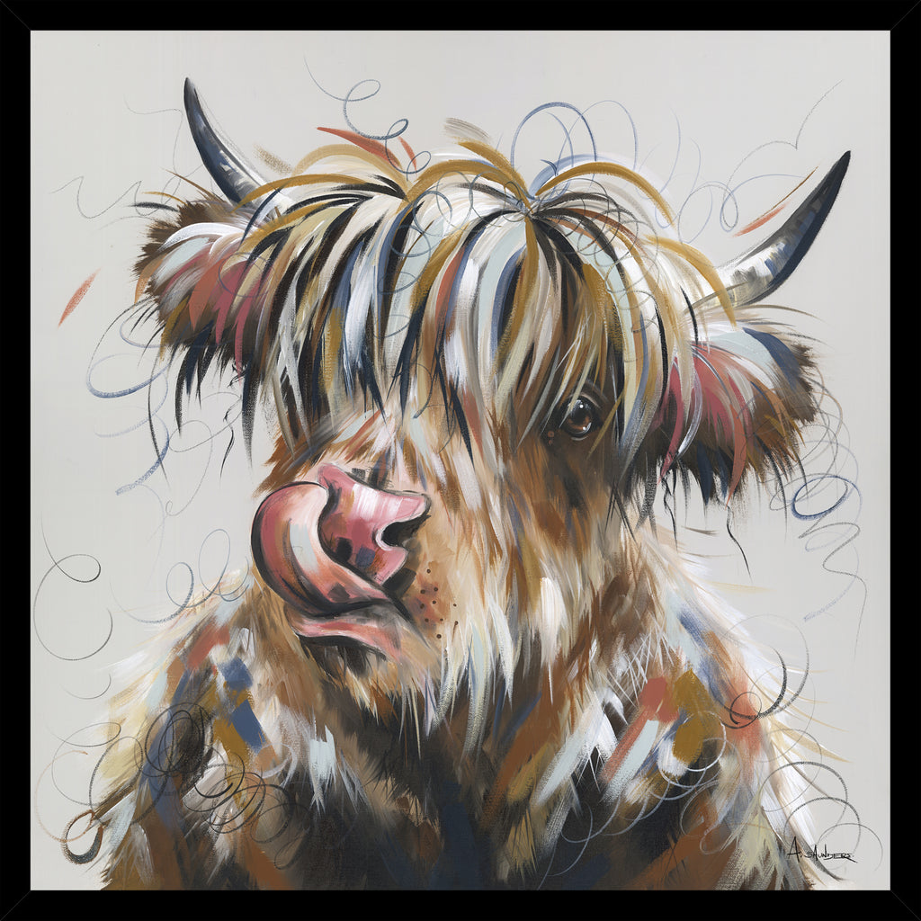 Artko AK11964 Chewing Things Over Picture - a front portrait of a young highland cow licking its lips