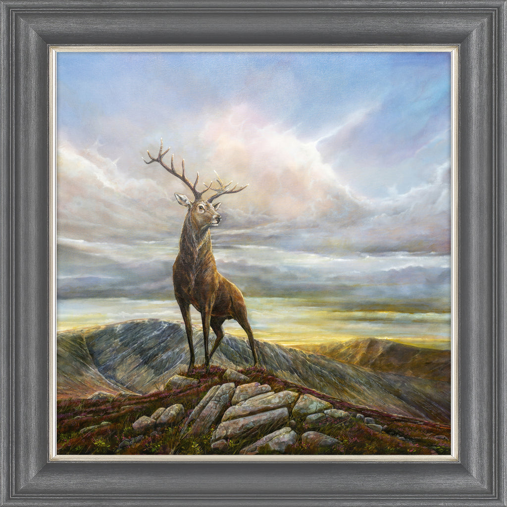 Artko AK11969 The Monarch Picture - picture of an majestic elk standing at the peak of a mountain range with purple heather and pink clouds