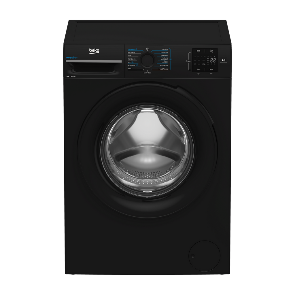 Beko BMN3WT3841B Washing Machine,8kg-1400 Spin Speed - view of the front of the washing machine pictured at an angle from the top