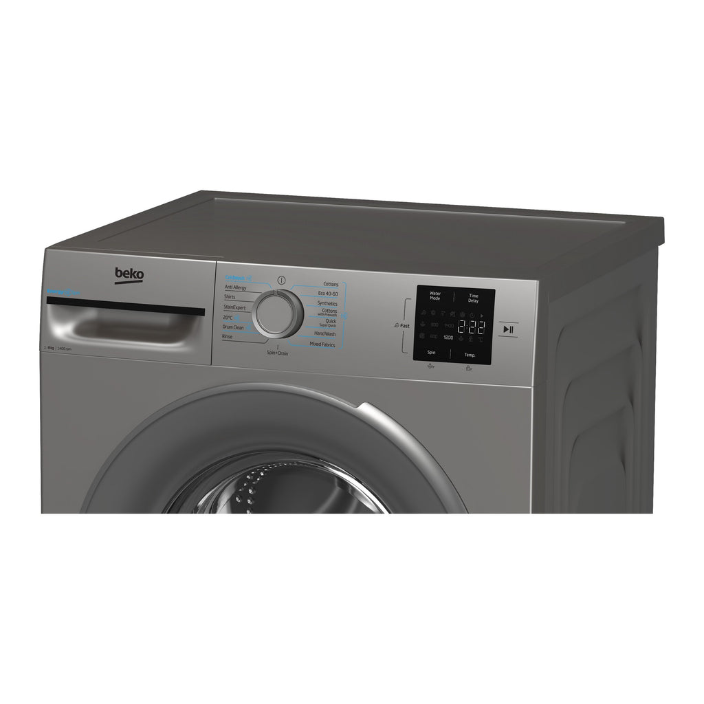Beko BMN3WT3841S Washing Machine,8kg-1400 Spin Speed - view of the top half of the front of the washing machine pictured at an angle from the right