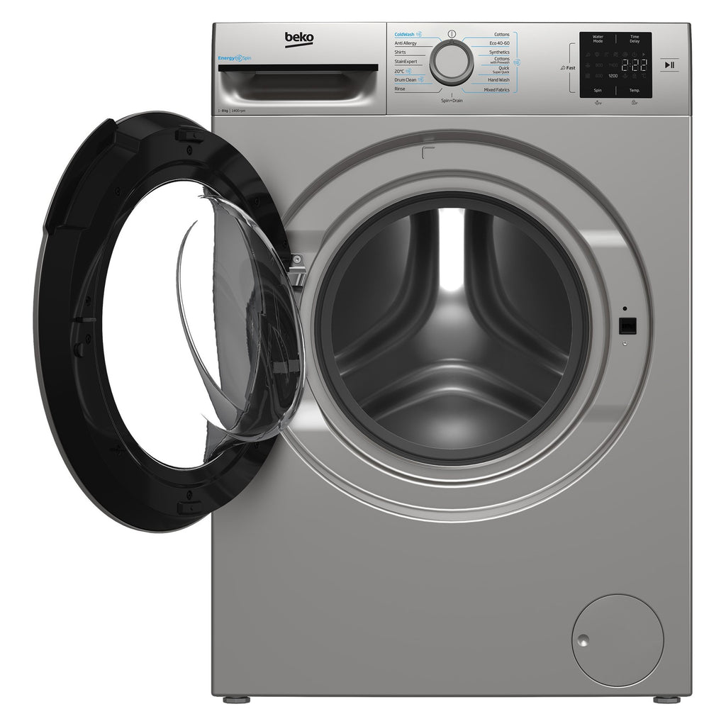 Beko BMN3WT3841S Washing Machine,8kg-1400 Spin Speed - view of the front of the washing machine with the front door opened with the inside drum visible