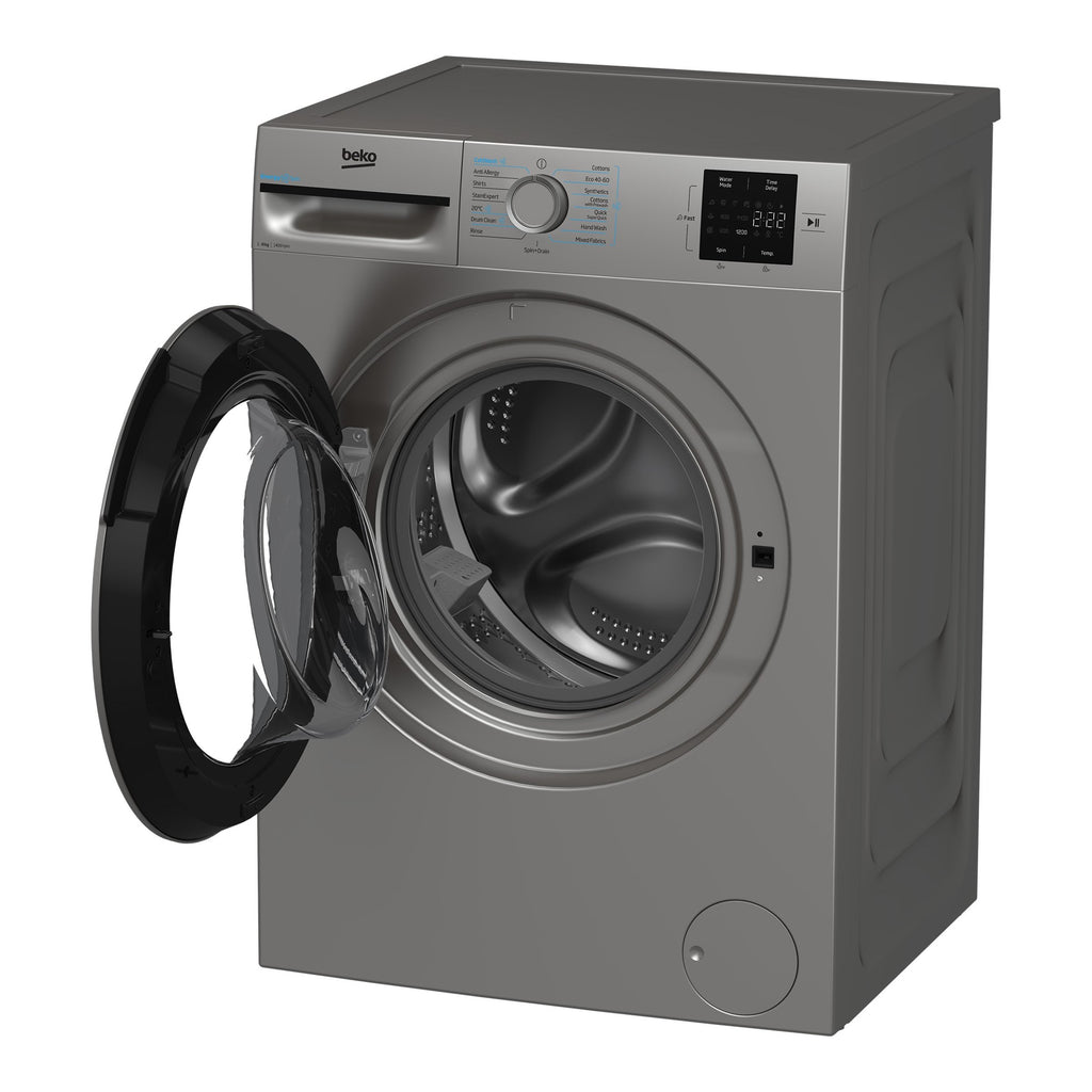 Beko BMN3WT3841S Washing Machine,8kg-1400 Spin Speed - view of the front of the washing machine with the front door opened pictured at an angle from the right