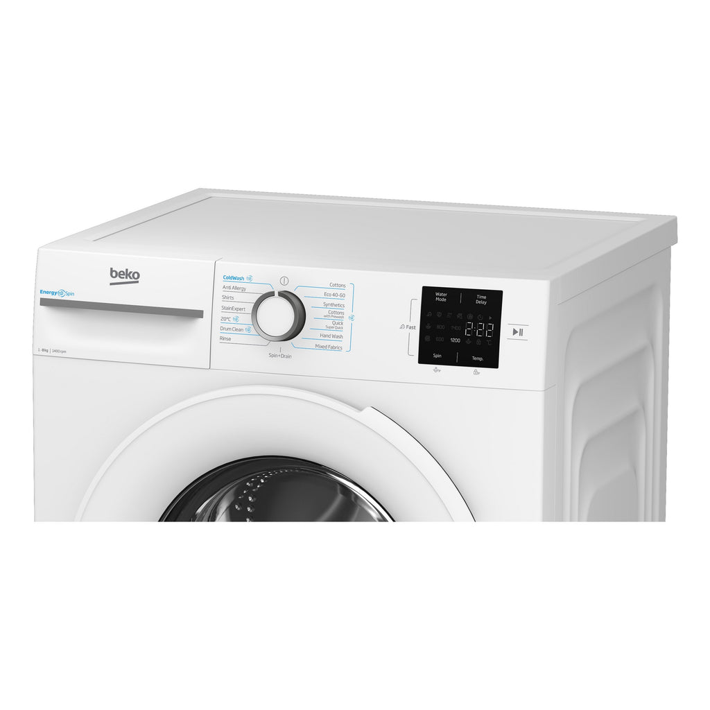 Beko BMN3WT3841W Washing Machine,8kg-1400 Spin Speed - close-up view of the top half of the front of the washing machine pictured at an angle from the right