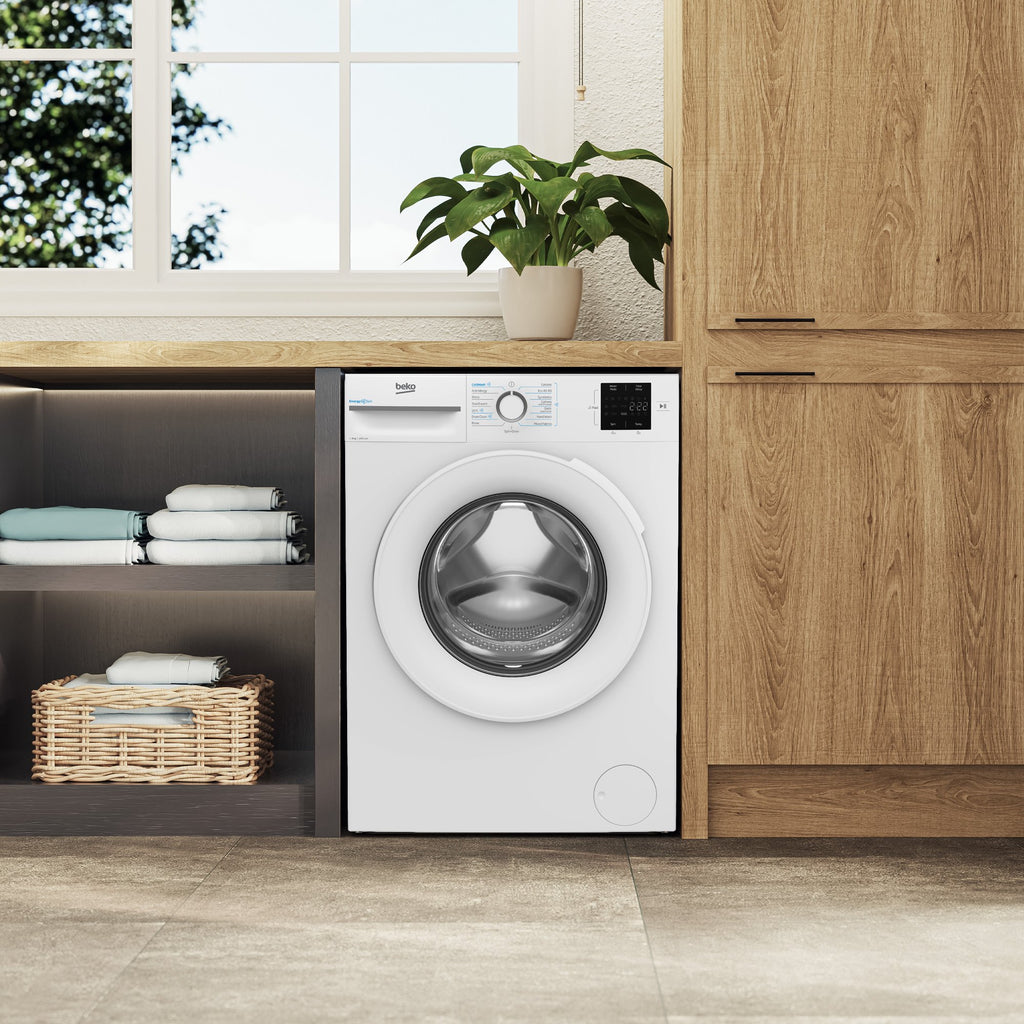 Beko BMN3WT3841W Washing Machine,8kg-1400 Spin Speed - view of the front of the washing machine pictured in a furnished home interior