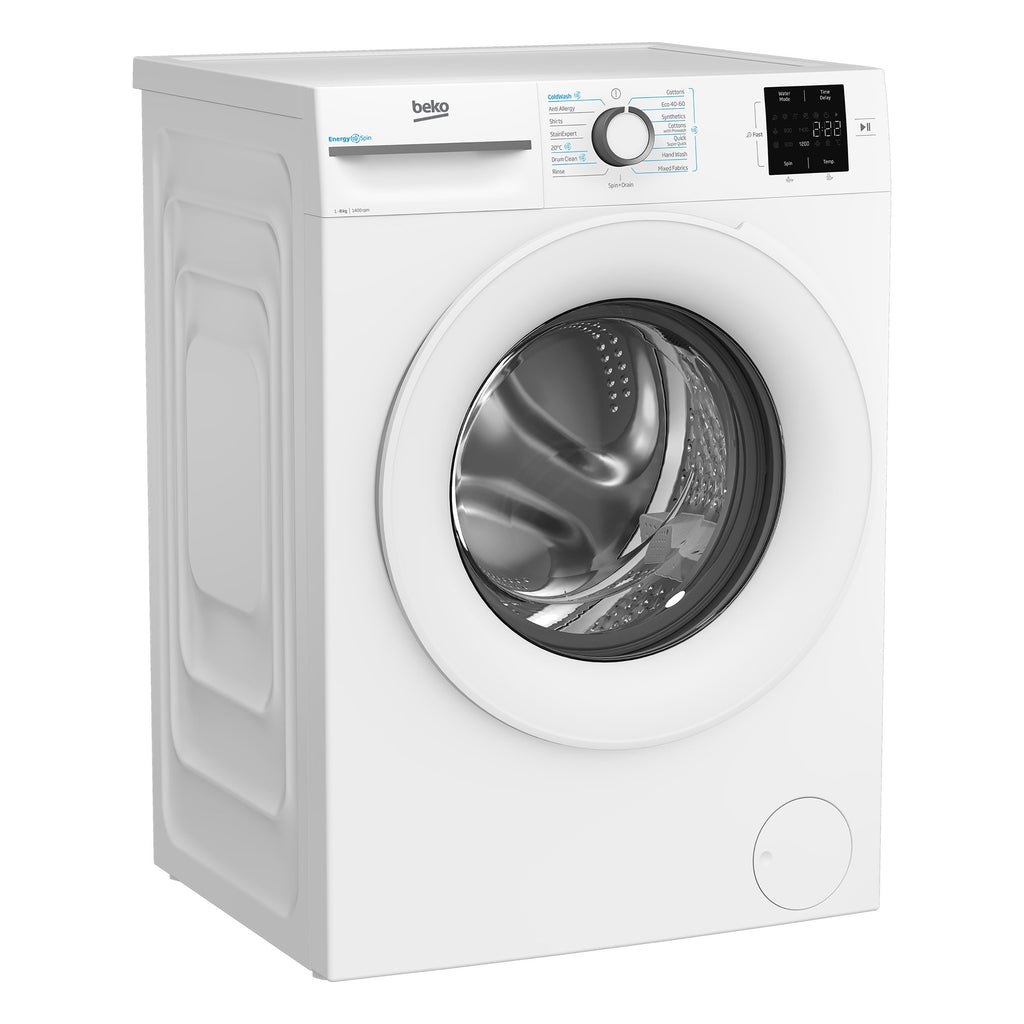 Beko BMN3WT3841W Washing Machine,8kg-1400 Spin Speed - view of the front of the washing machine pictured at an angle from the left