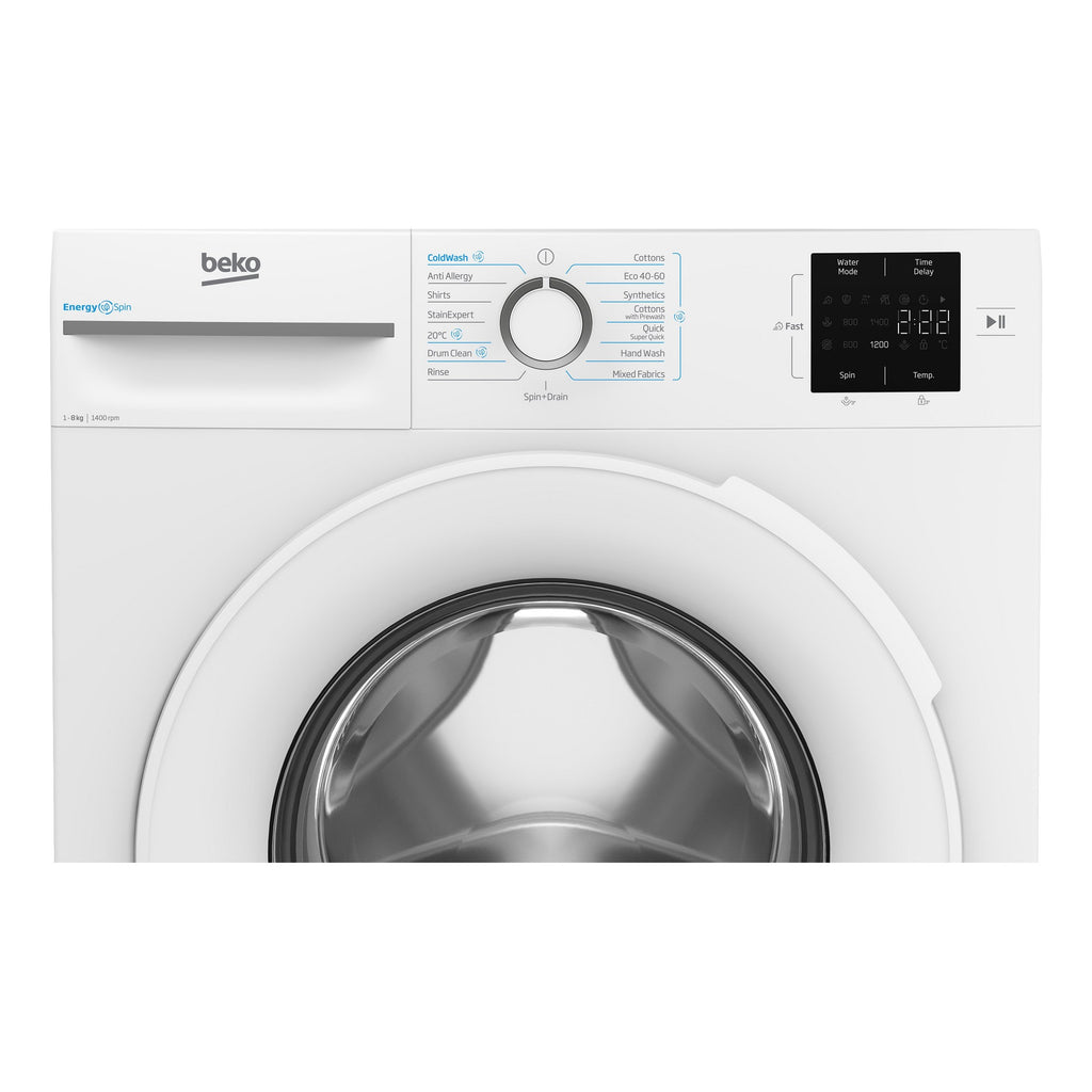 Beko BMN3WT3841W Washing Machine,8kg-1400 Spin Speed - close-up view of the top half of the front of the washing machine