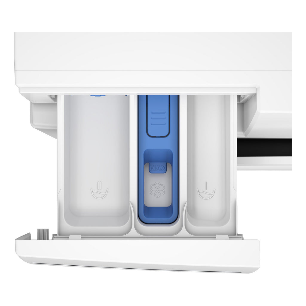 Beko BMN3WT3841W Washing Machine,8kg-1400 Spin Speed - top view of the detergent tray with dividers for products marked
