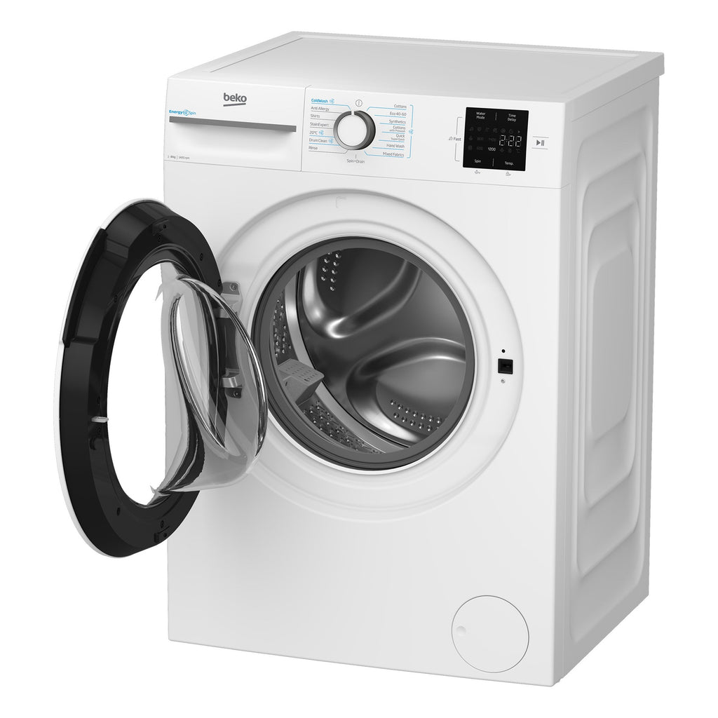 Beko BMN3WT3841W Washing Machine,8kg-1400 Spin Speed - view of the front of the washing machine with the front hatch door opened pictured at an angle from the right