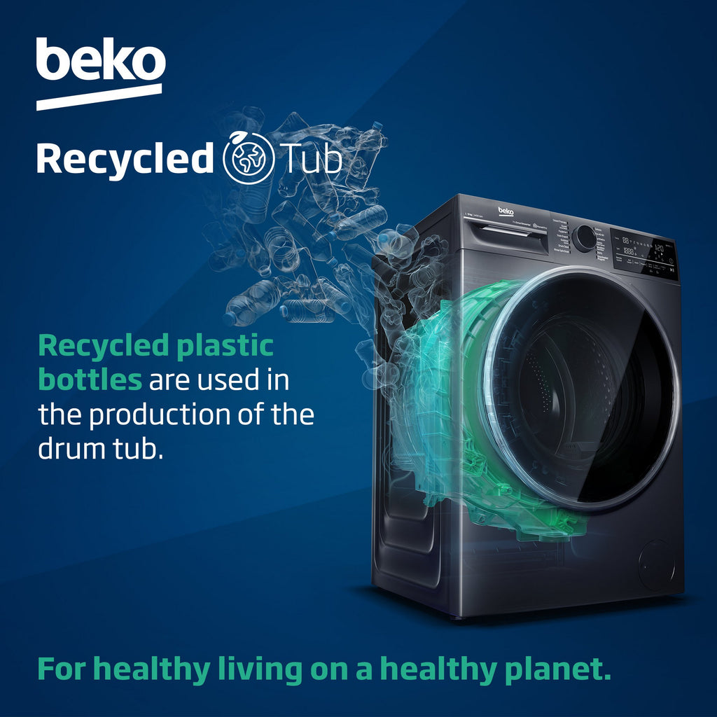 Beko BMN3WT3841W Washing Machine,8kg-1400 Spin Speed - graphic showing that recycled plastic bottles are used in the production of the drum tub