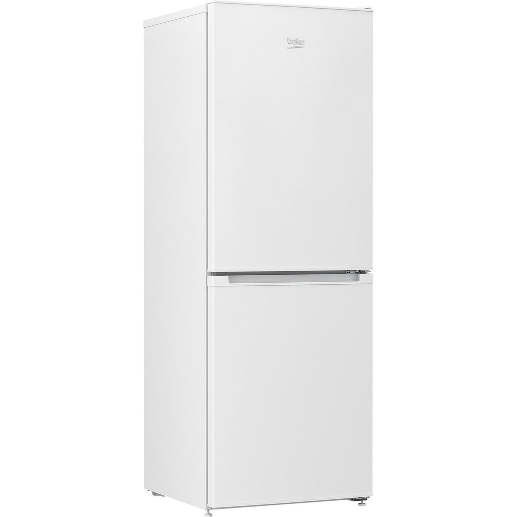 Beko CCFM4552W 55cm Frost Free Fridge Freezer - front of Beko fridge freezer viewed at an angle from the left with doors closed