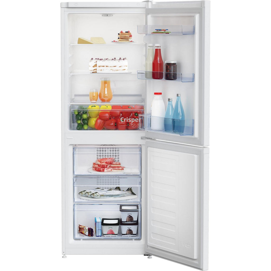 Beko CCFM4552W 55cm Frost Free Fridge Freezer - front of Beko fridge freezer with both doors opened and the inside populated with various food items