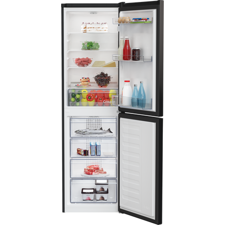 Beko CCFM4582B 55cm 50/50 Frost Free Fridge Freezer - view of front with appliance door opened and food items arrayed inside