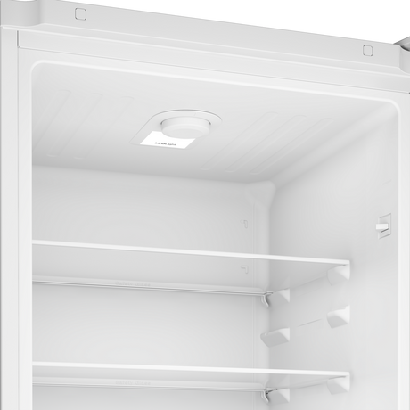 Beko CCFM4582B 55cm 50/50 Frost Free Fridge Freezer - close-up view inside of the empty appliance with visible adjustable thermostat, LED light and shelving