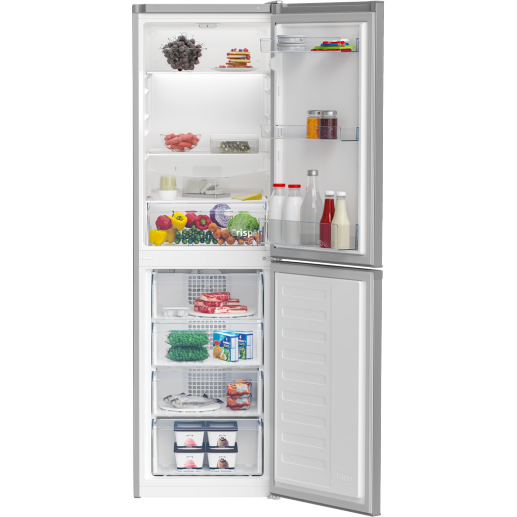 Beko CCFM4582S 55cm 50/50 Frost Free Fridge Freezer - view of front with appliance door opened and food items arrayed inside