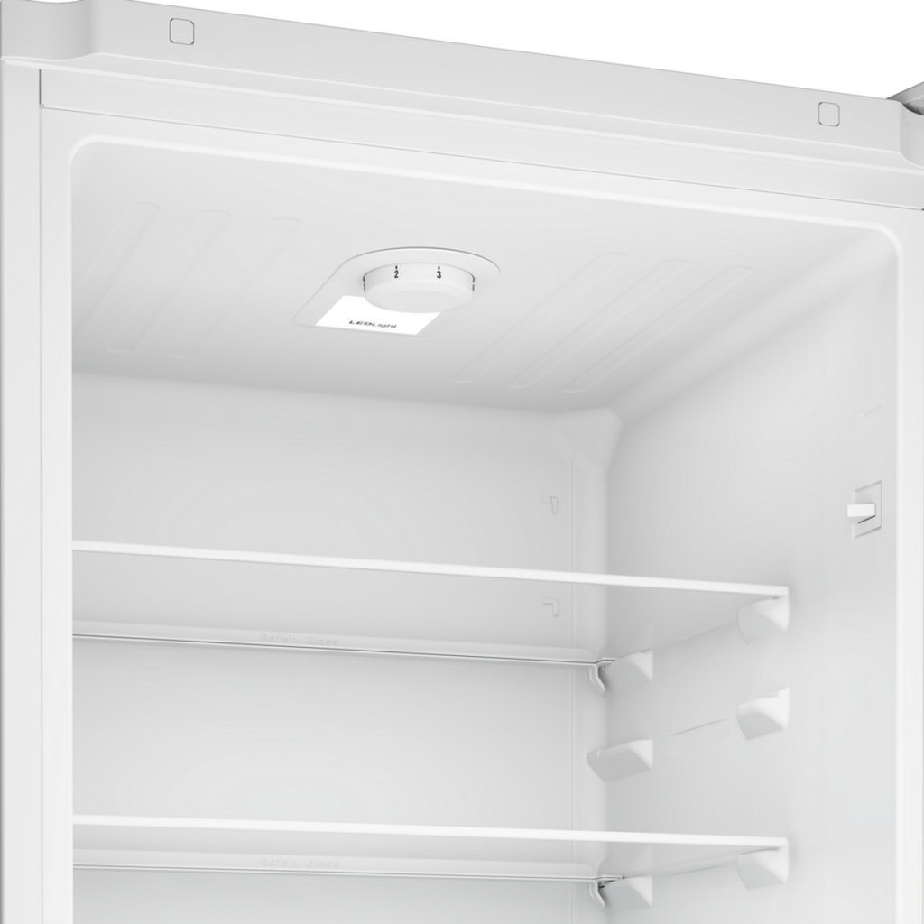 Beko CCFM4582S 55cm 50/50 Frost Free Fridge Freezer - close-up view inside of the empty appliance with visible adjustable thermostat, LED light and shelving.