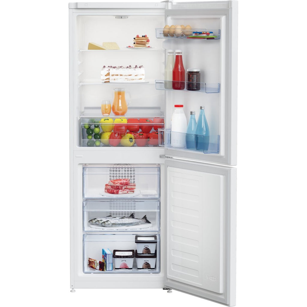Beko CFG4552W Frost Free Fridge Freezer - front of fridge freezer with door open displaying all kinds of food items inside