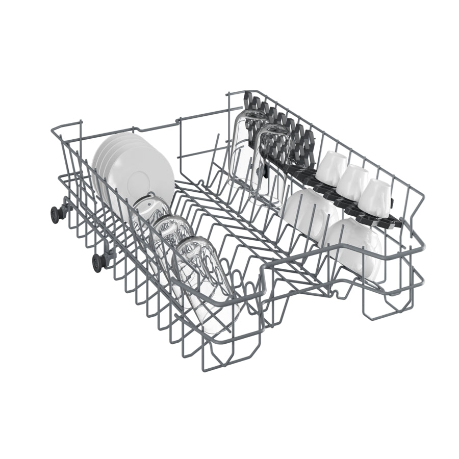 Beko DIS15020 Integrated Slimline Dishwasher - view of washing rack part with dishes pictured arrayed inside it