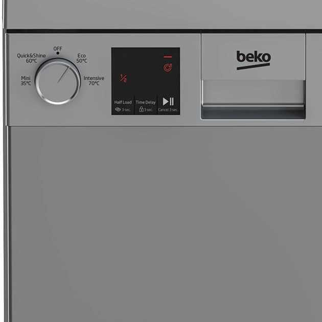 Beko DVS04020S 45cm Slimline Dishwasher - Silver - front of the dishwasher close-up of the dial and control panel