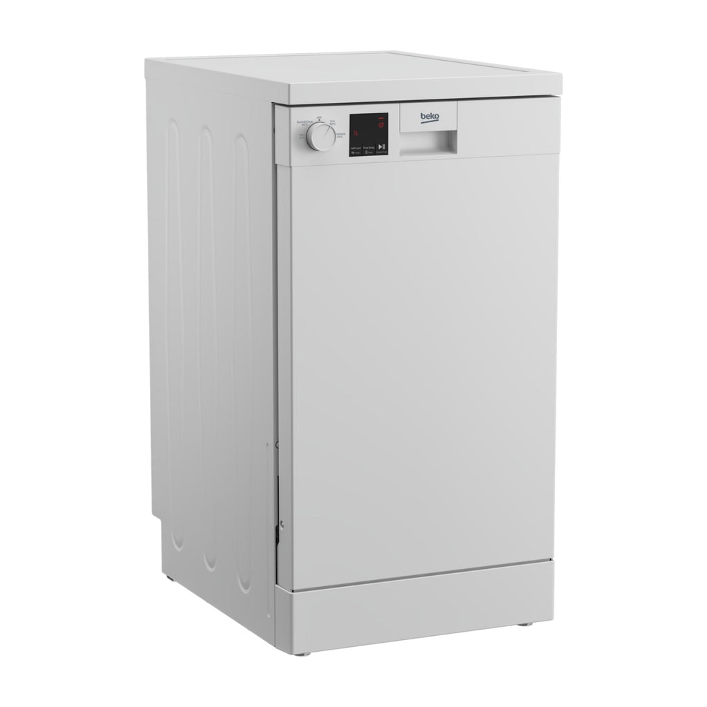 Beko DVS04X20W 45cm Slimline Dishwasher White - front of dishwasher at an angle with side of appliance visible