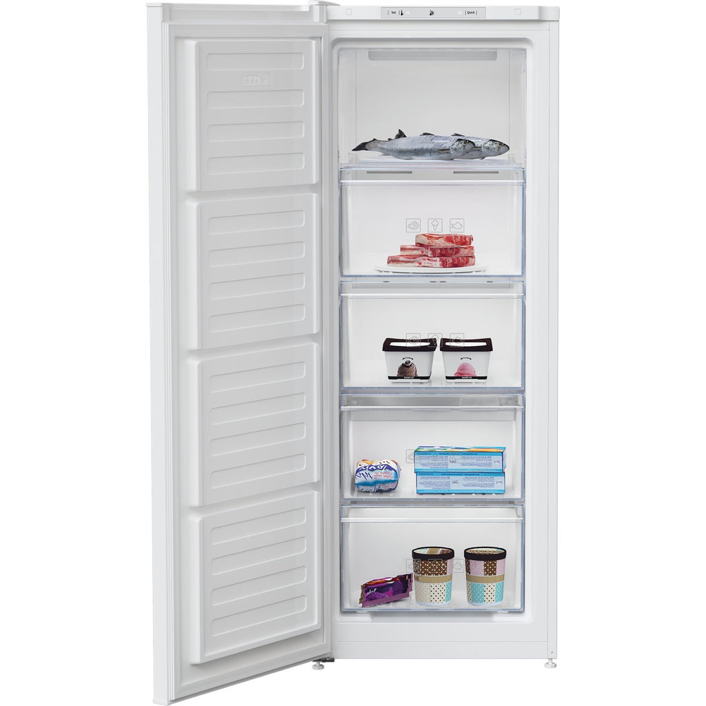 Beko FFG4545W Freestanding Tall Frost Free Freezer - front view of appliance with front door open and food populating shelves