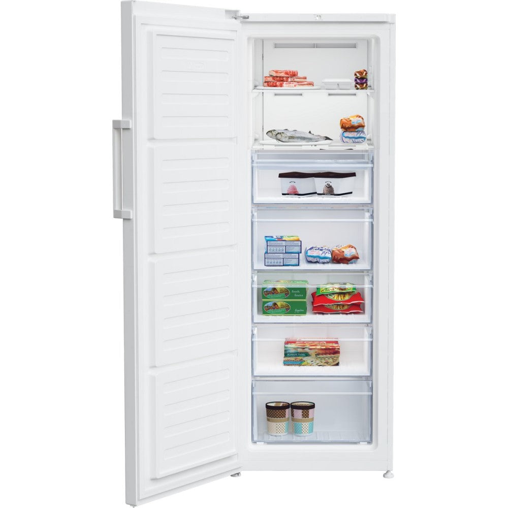 Beko FFP4671W Frost Free Upright Freezer - front view of appliance with front door open and food populating shelves inside