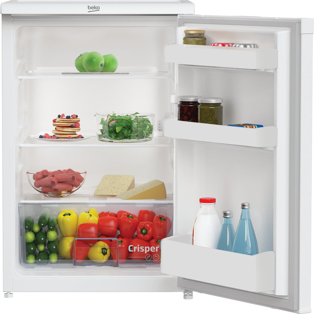 Beko UL4584W 55cm White Larder Fridge - front of fridge with fridge door open and food products arrayed inside