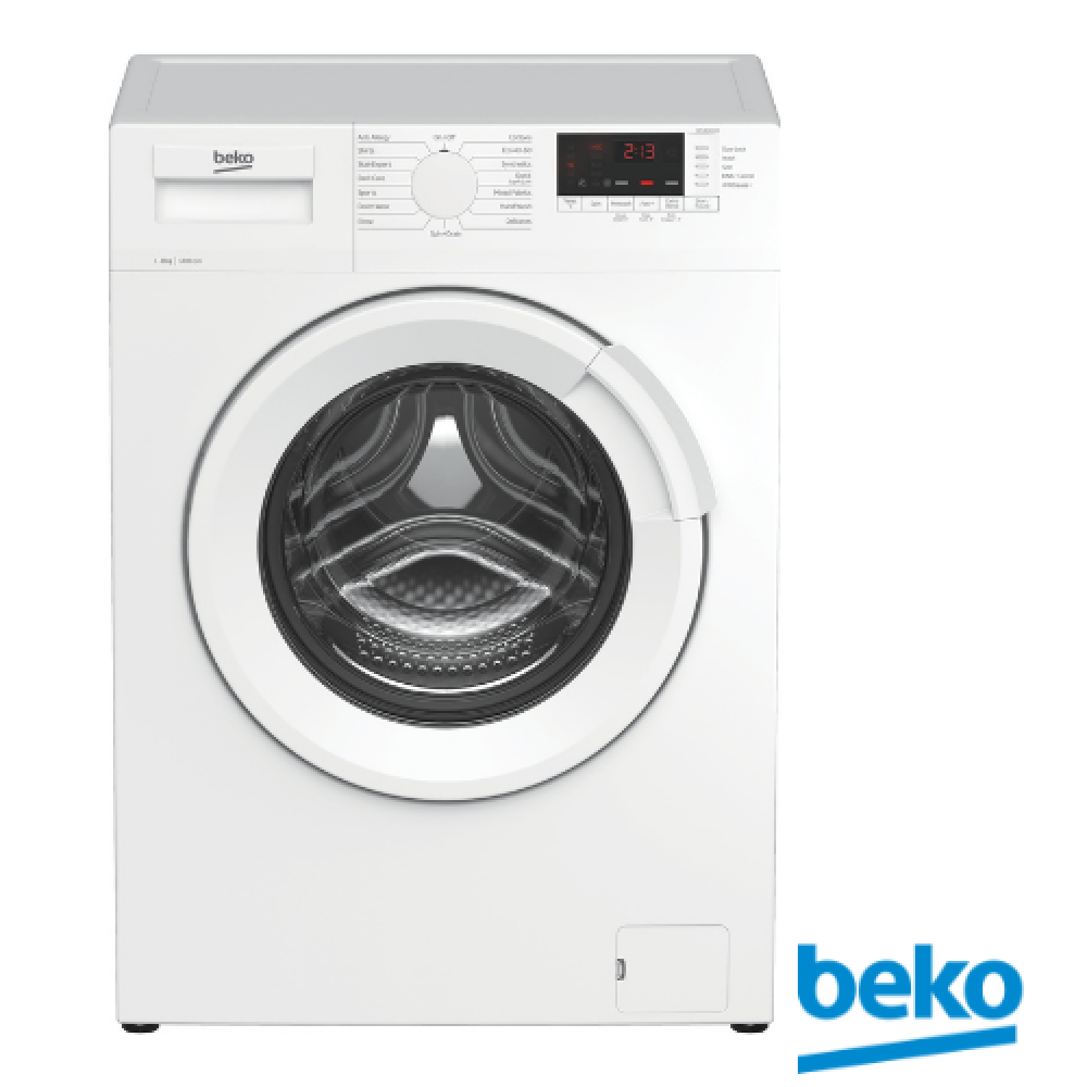Beko WTL84141LW Freestanding 8Kg Washing Machine 1400 Spin - White - front of washing machine with Beko logo