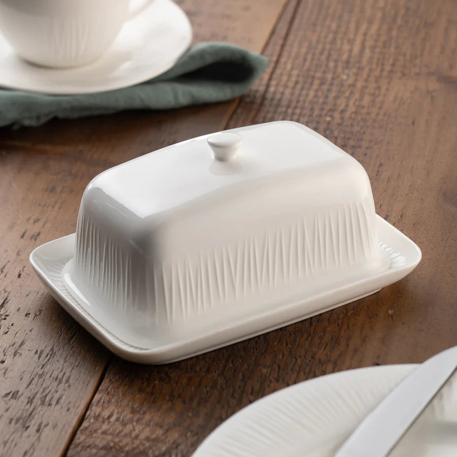 Belleek 9316 Erne Butter Dish - Erne butter dish placed on top of a wooden table