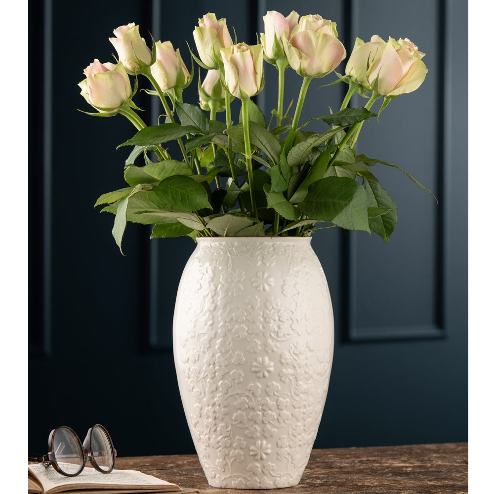 Belleek Fields Of Shamrocks Vase with flowers