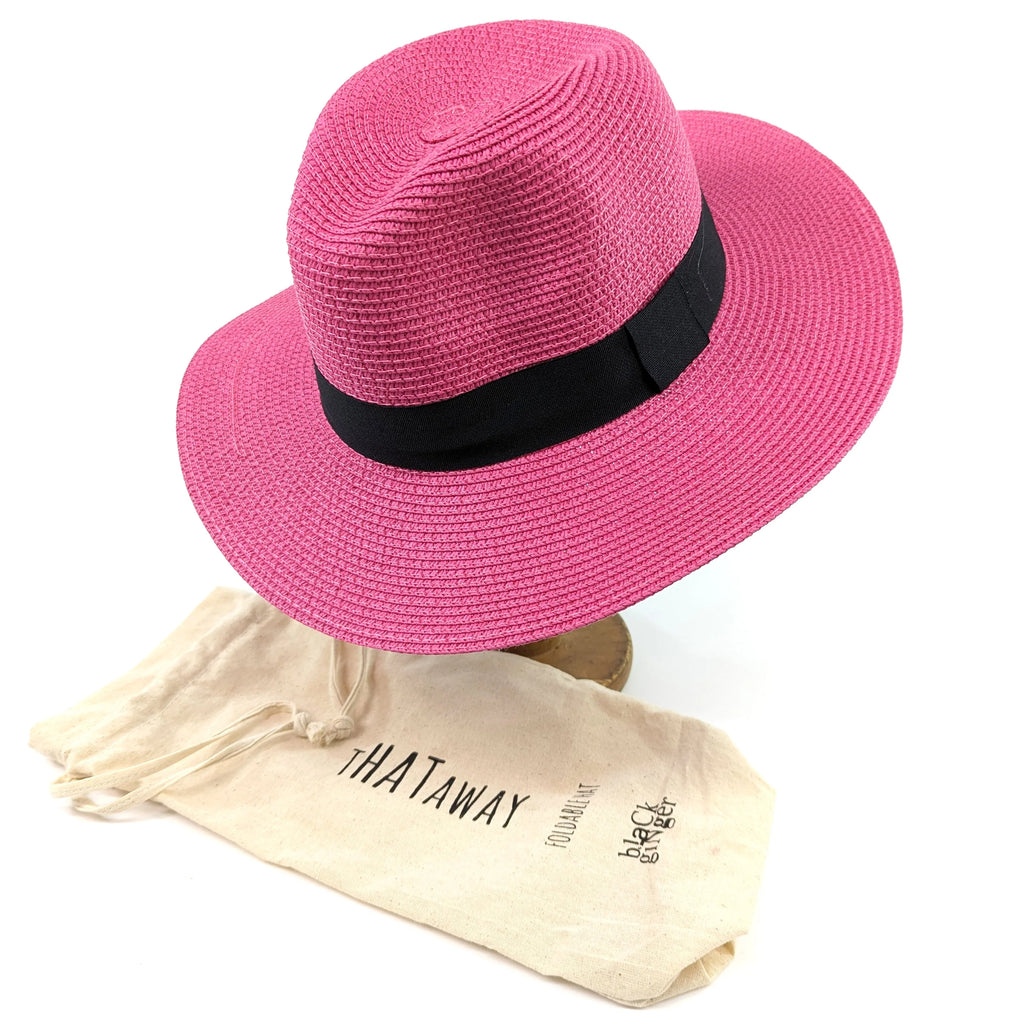 Pink Panama Foldable Hat Black Ribbon